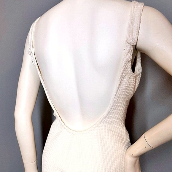 1970s Vintage White Knit One Piece Swimsuit With Deep Plunging Open Front Unworn - Picture 5 of 12